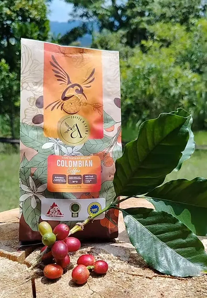 Presentación de café Coffee Alvira en entorno natural de cafetal